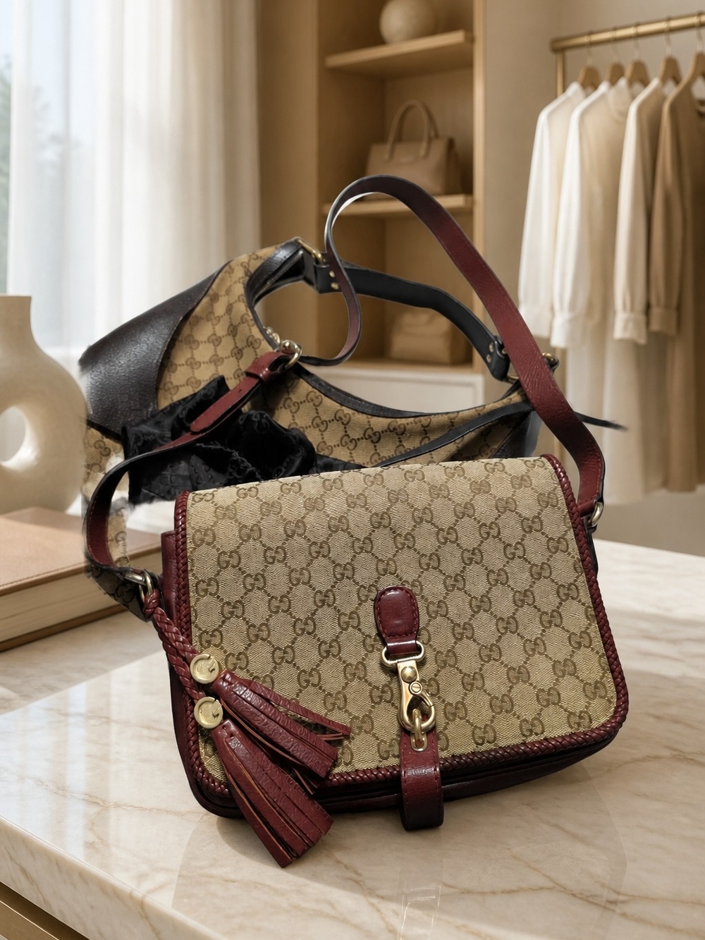 Gucci Brown and Beige GG Canvas Crossbody with Burgundy Leather Trim